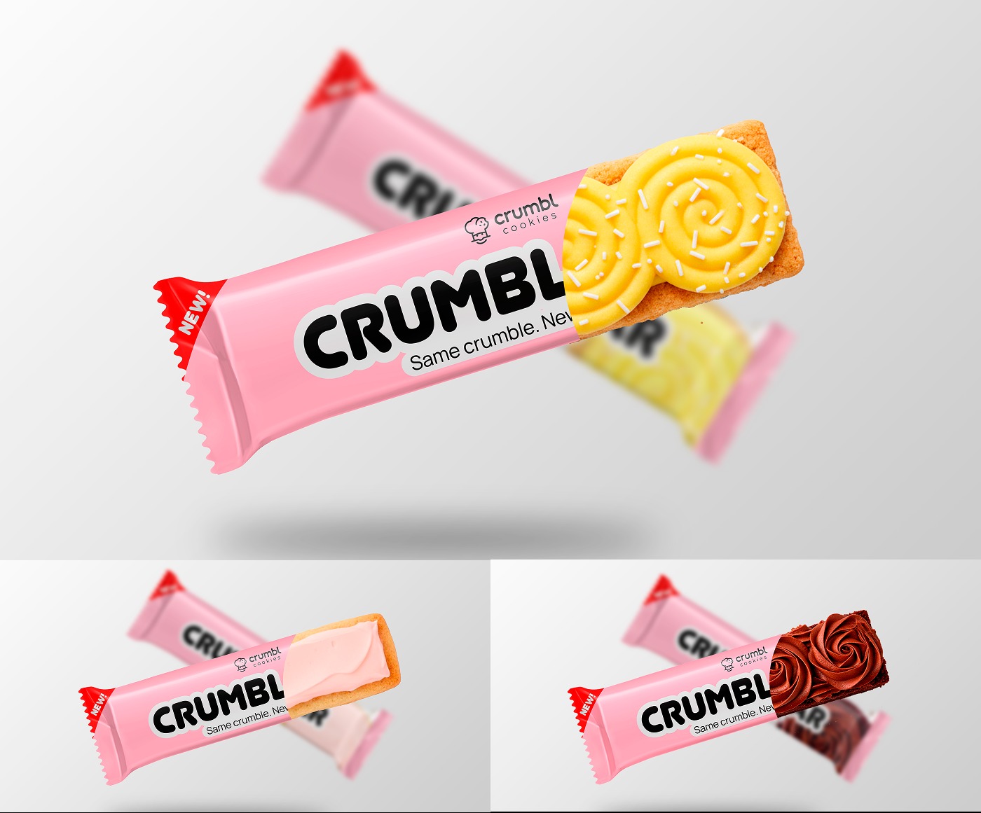 Les trois saveurs Crumbl Bar — emballages présentés ouverts et fermés