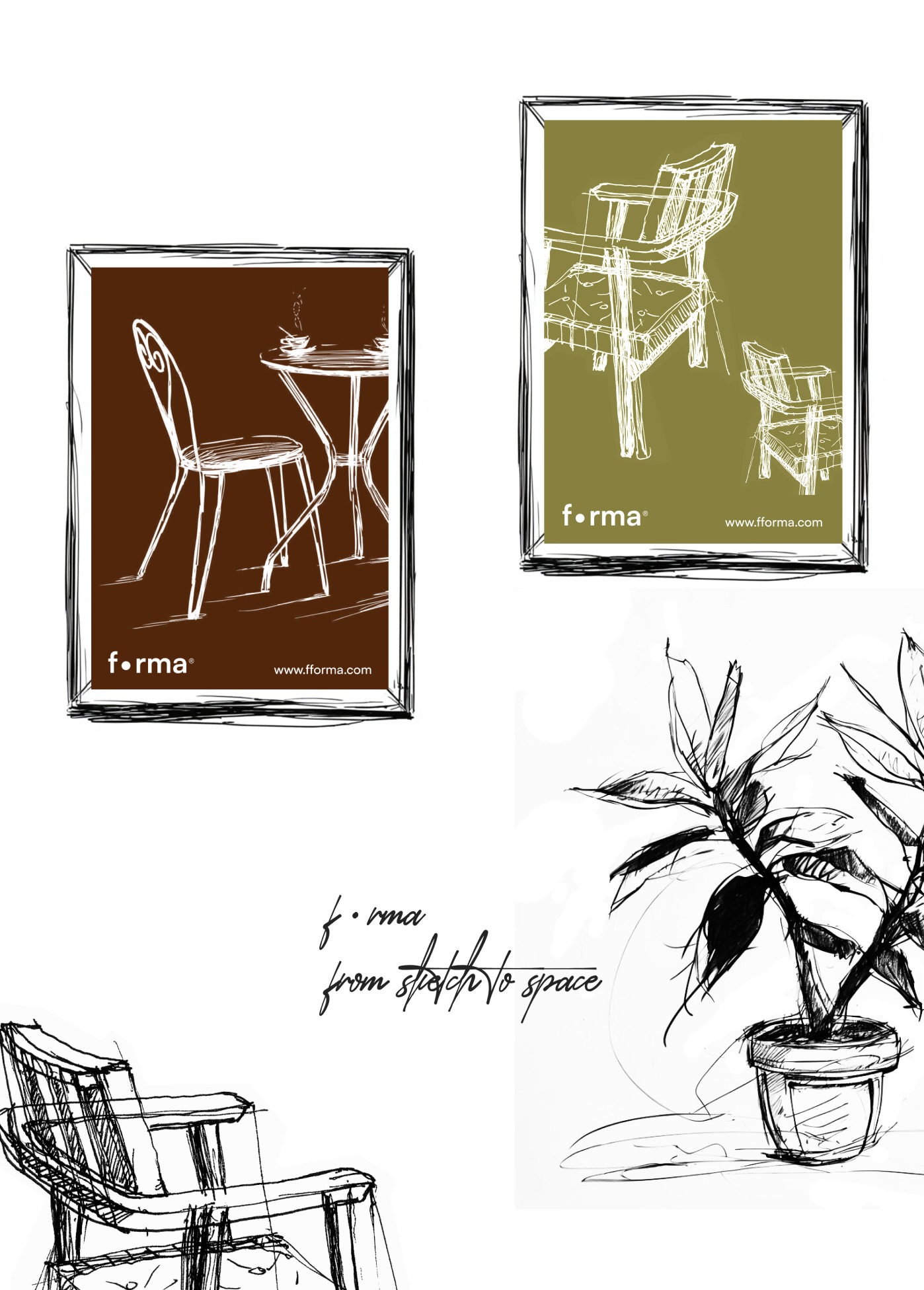 Série d’affiches Forma — dessins de mobilier au trait encadrés et illustration botanique