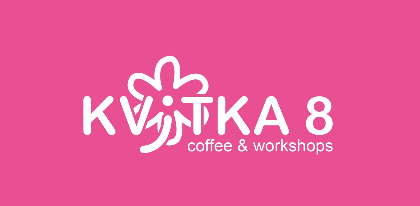 Білий логотип Kvitka 8 на фірмовому рожевому