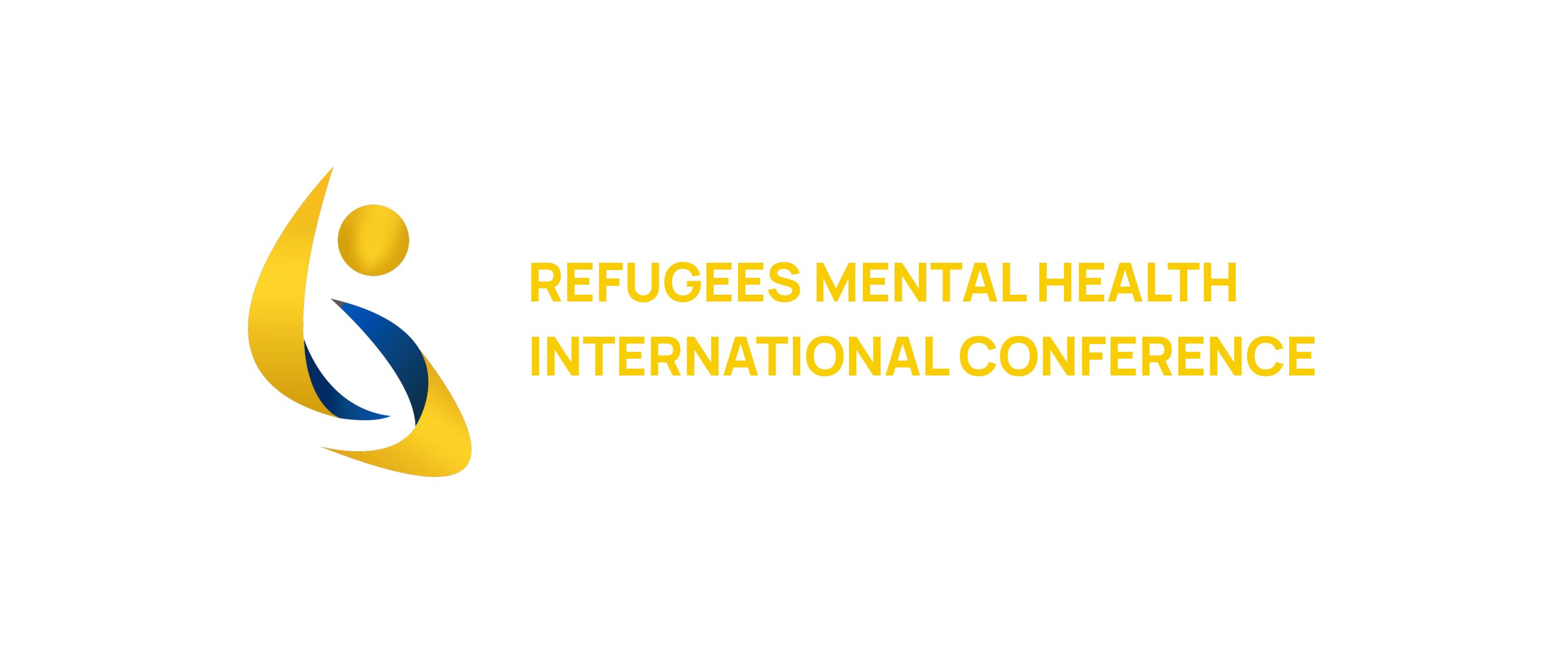 Логотип Refugees Mental Health International Conference: постать із піднятою рукою в жовтому та синьому поруч із назвою конференції